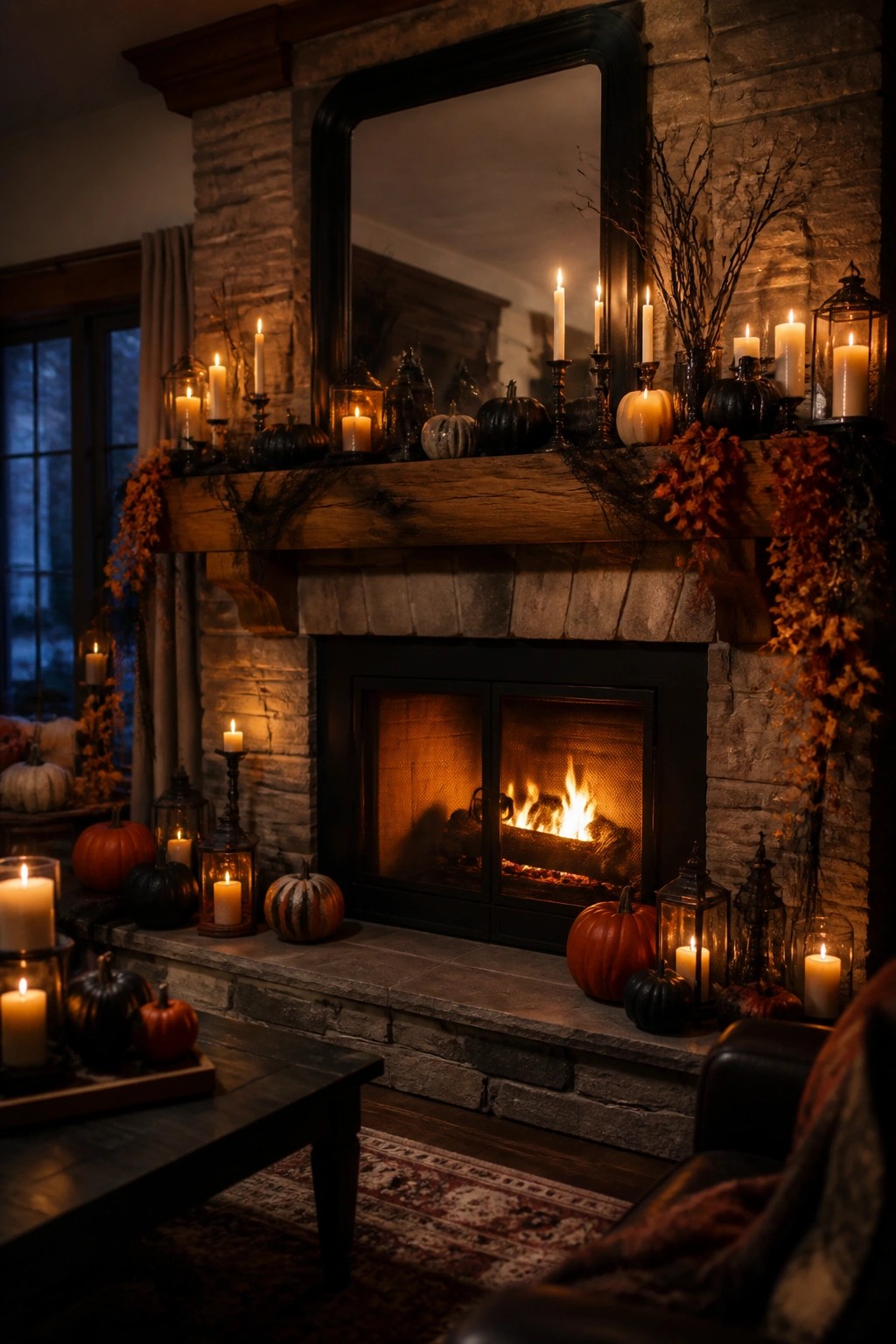 Stone fireplace mantel decorated with multiple lit white candles, black and orange pumpkins, and bare branches, with additional pumpkins and lanterns arranged on the hearth below.