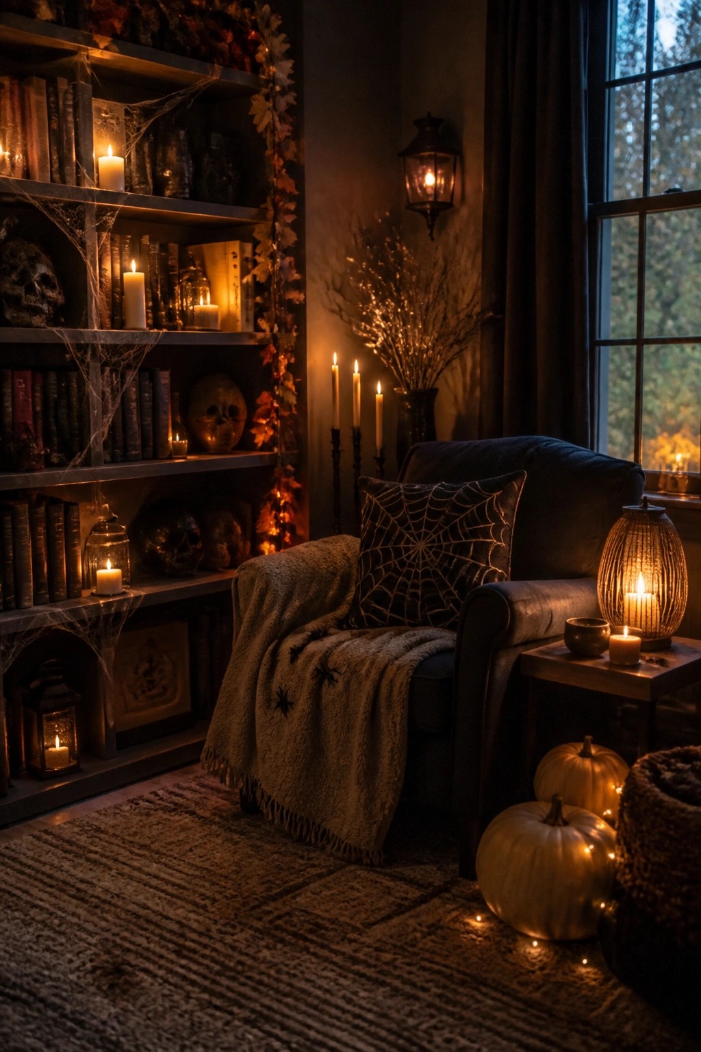Cozy Halloween nook with candlelit bookshelves, spiderweb pillow, knitted blanket, and pumpkins.