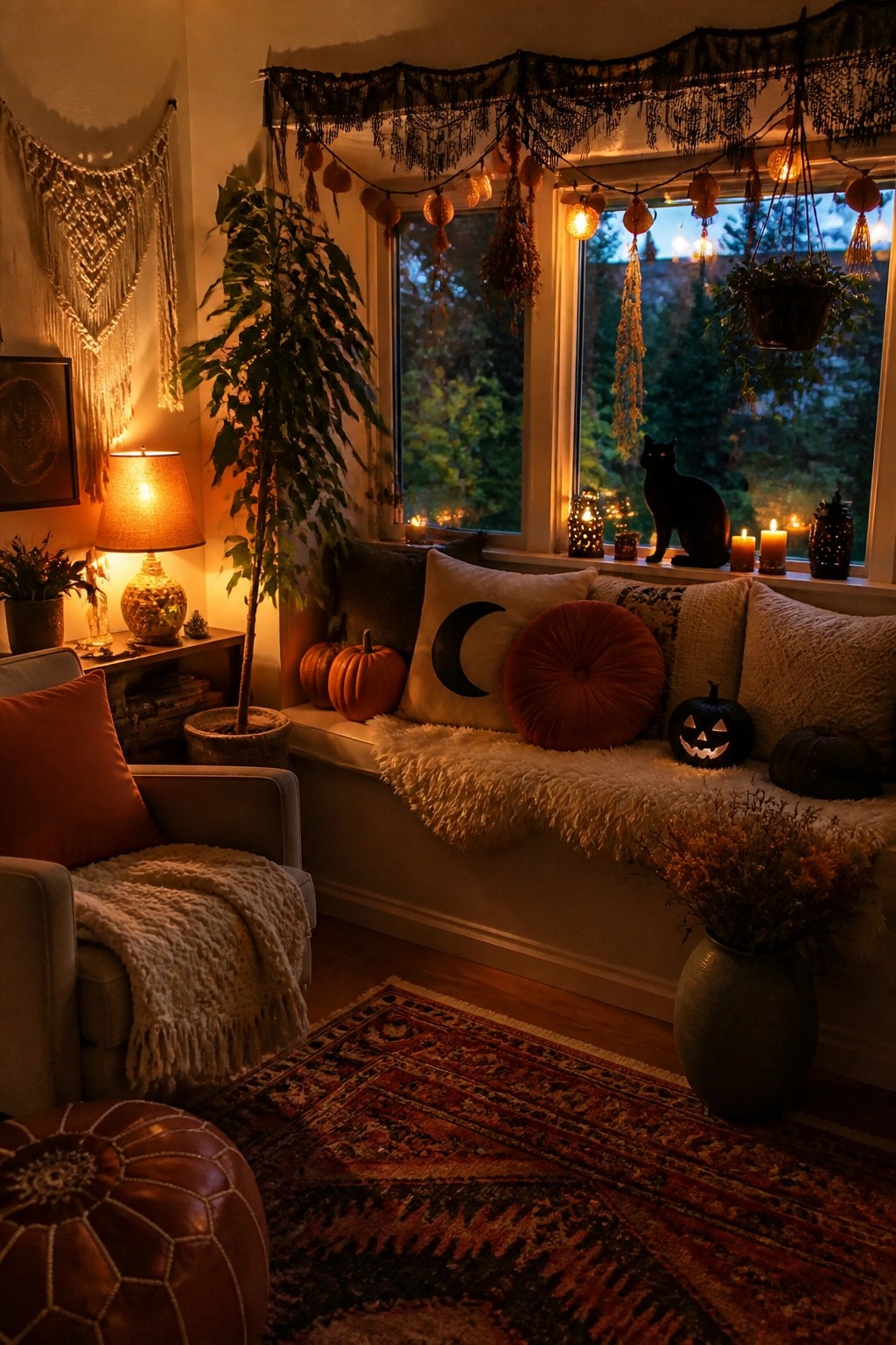 Window seat decorated for Halloween with a black cat figurine, jack o lantern, moon pillow, small pumpkins, and hanging garland above the bench.