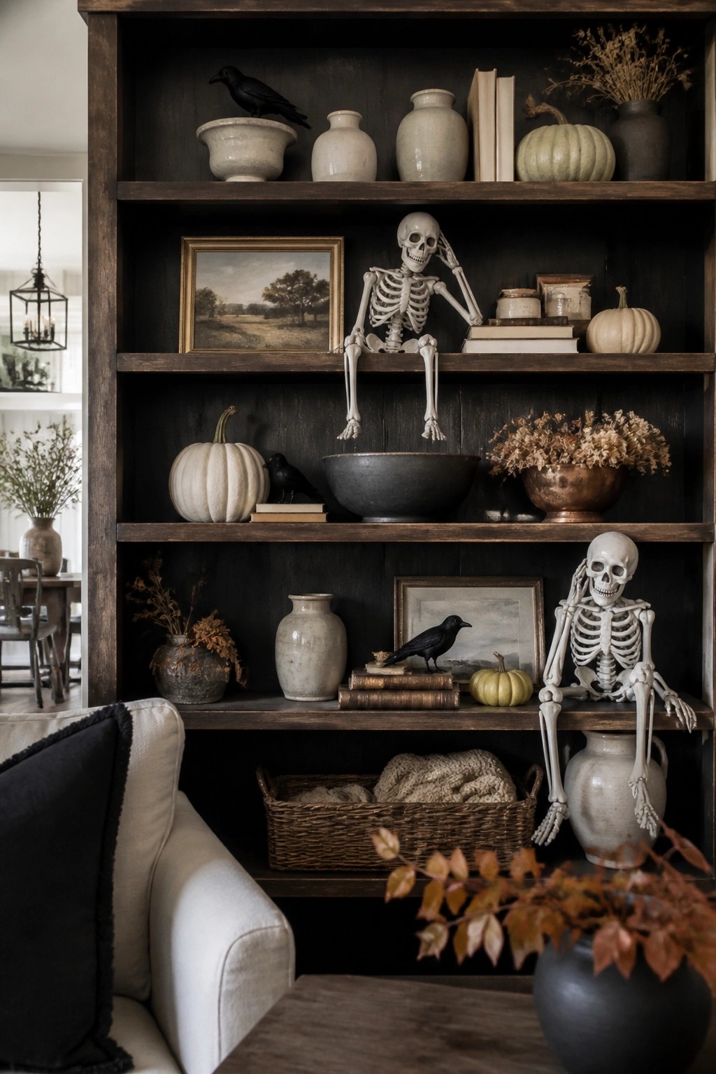 Built-in dark wood shelves in a living room decorated with white skeletons posed sitting among books, vases, small pumpkins, and black crows.