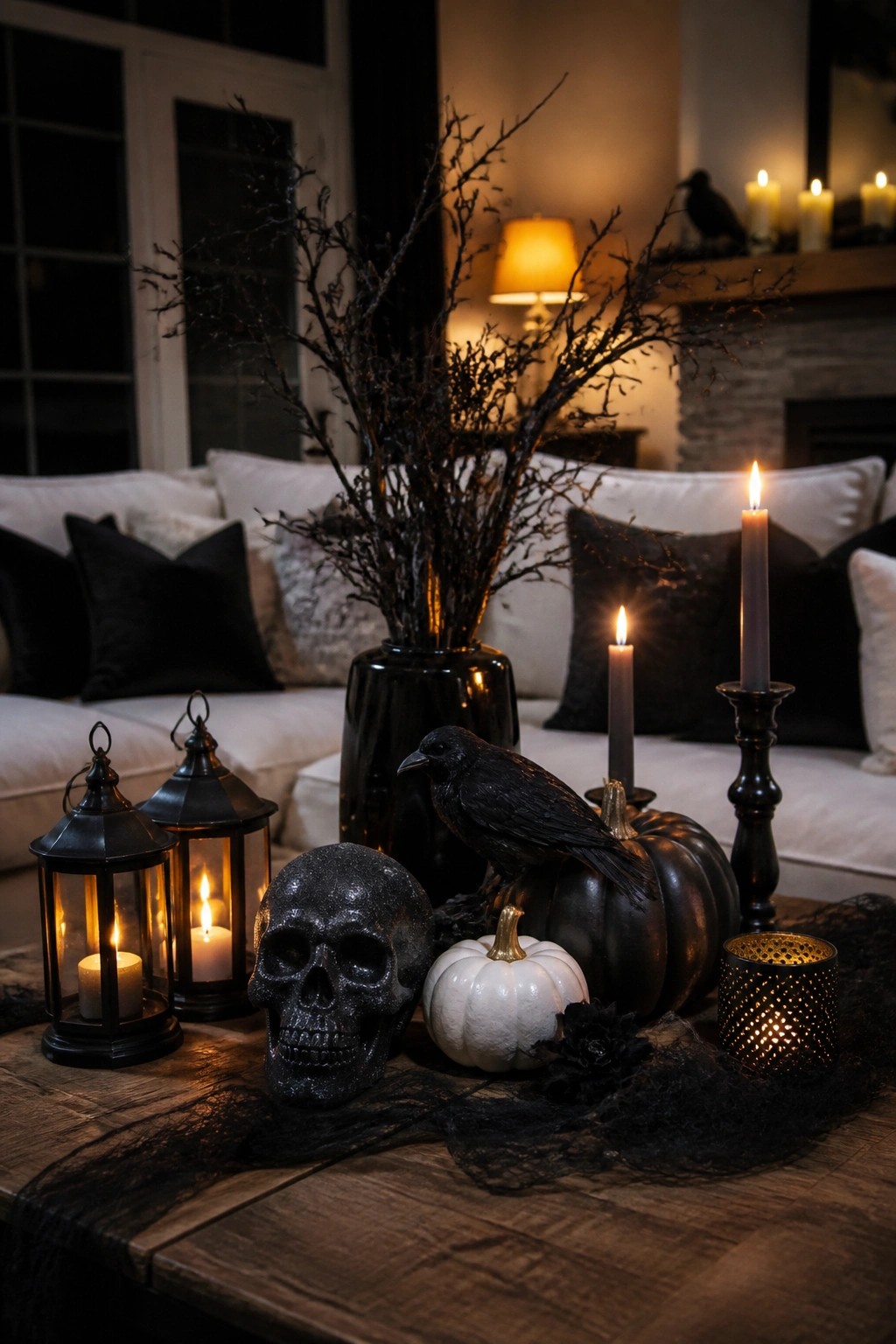 Coffee table styled with black branches in a dark vase, a glitter skull, a black crow, black and white pumpkins, and lit black lanterns and candles.