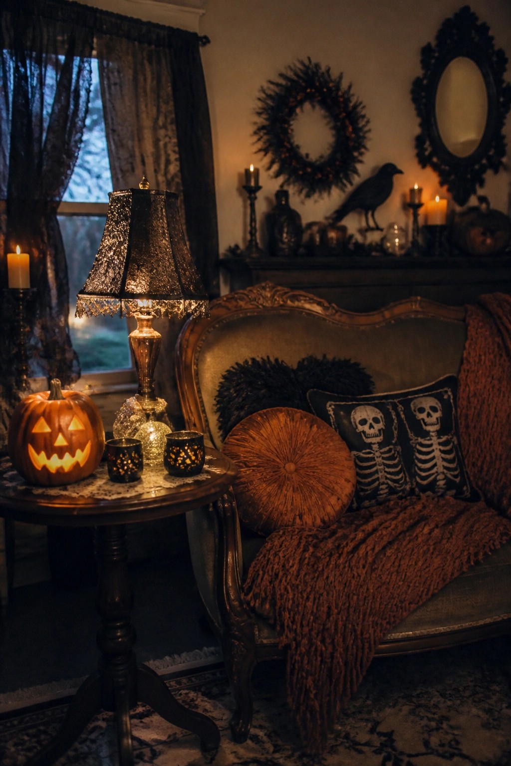 Living room seating area with skeleton print pillows on a sofa, a carved jack o lantern on a nearby table, and a black crow on the mantel.