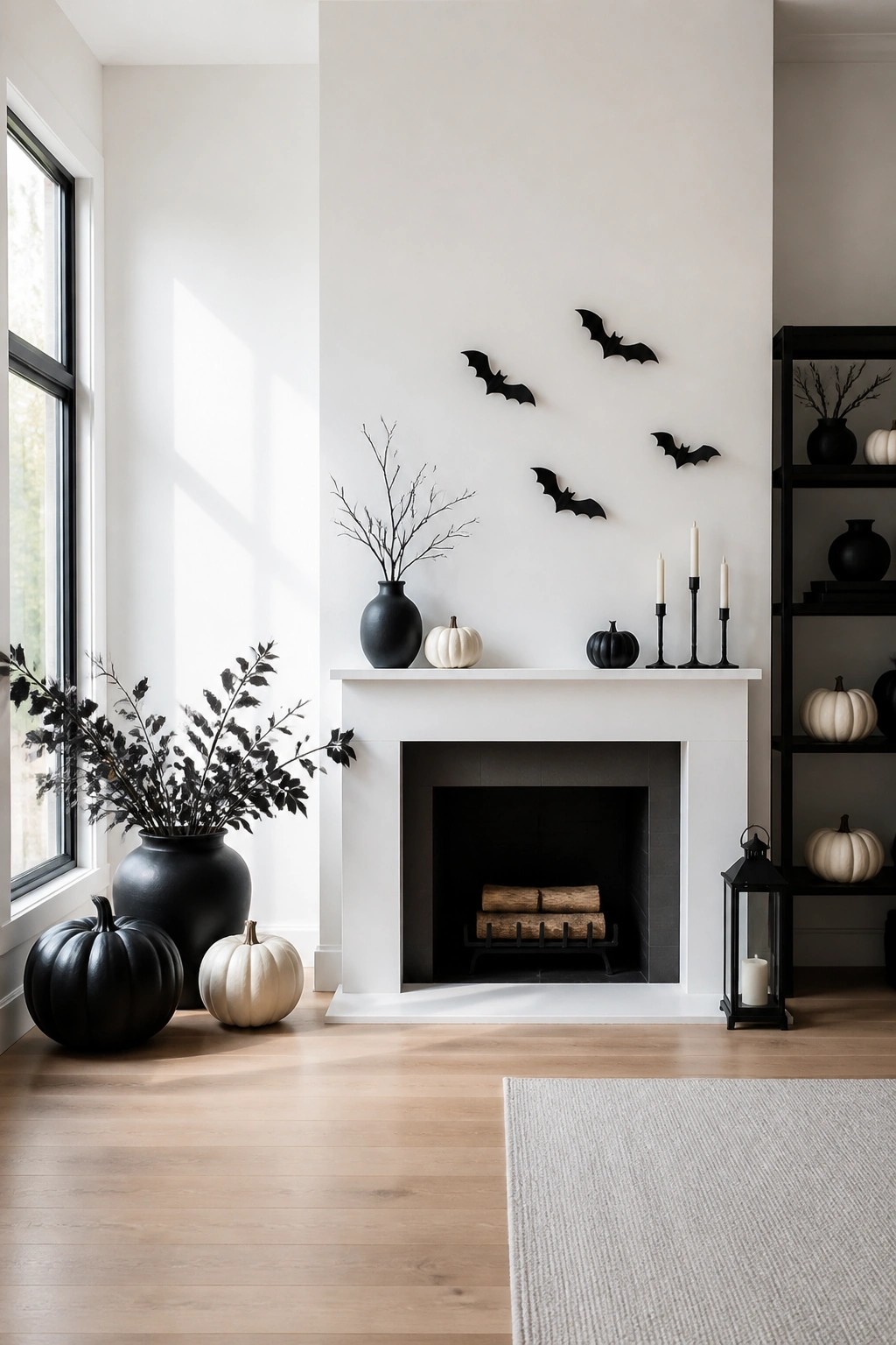 White fireplace mantel with black bat cutouts arranged on the wall above it and neutral pumpkins placed along the mantel ledge.