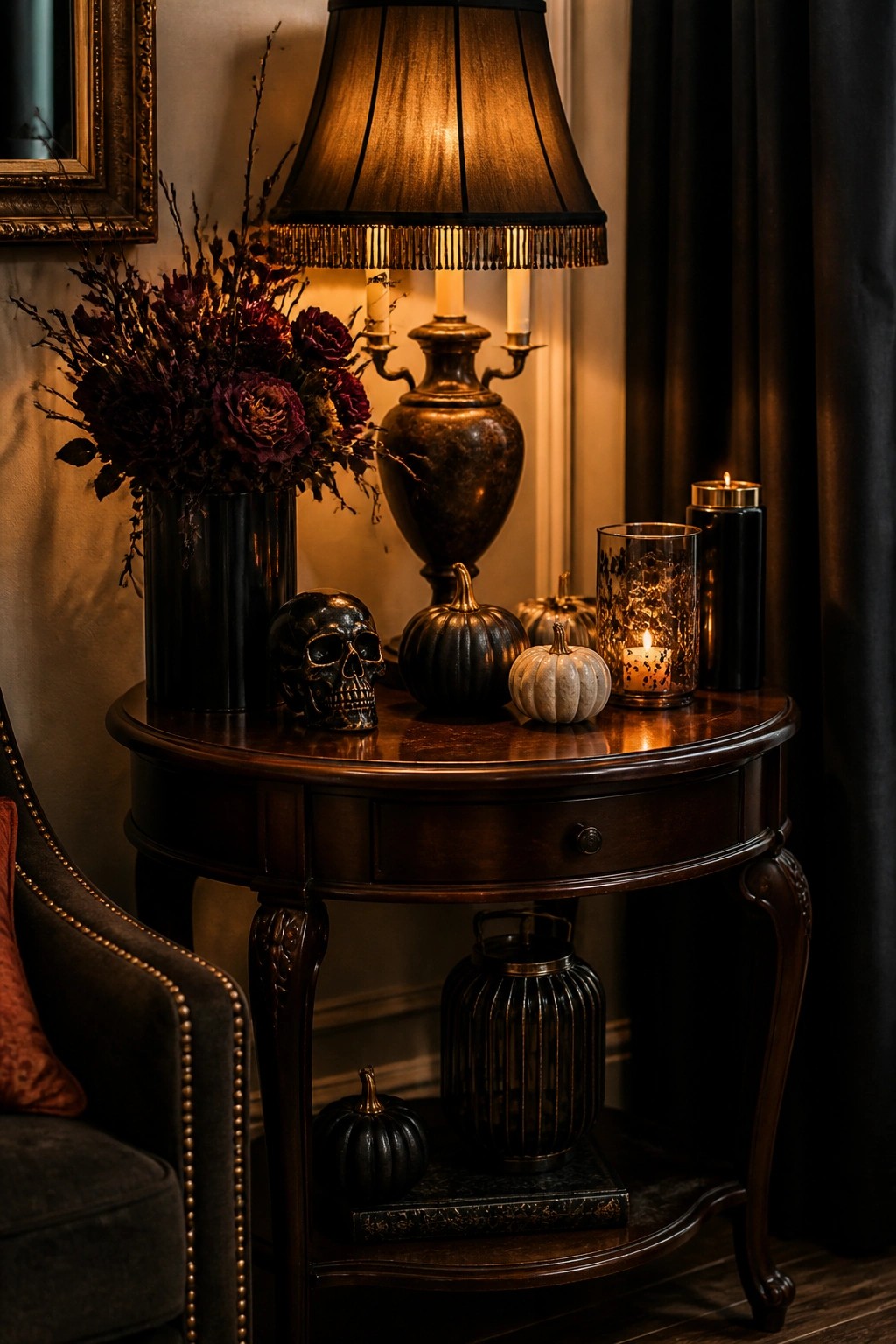 Round wooden side table styled with a black skull, dark pumpkins, a white pumpkin, and lit candles beside a black vase of dark flowers.