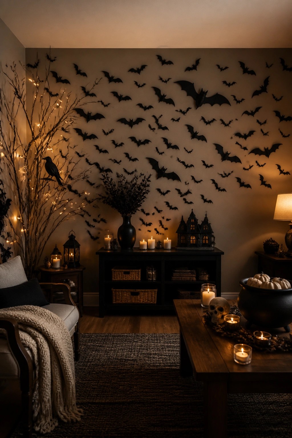 Living room wall covered with many black bat cutouts above a black console table holding candles and a small haunted house.