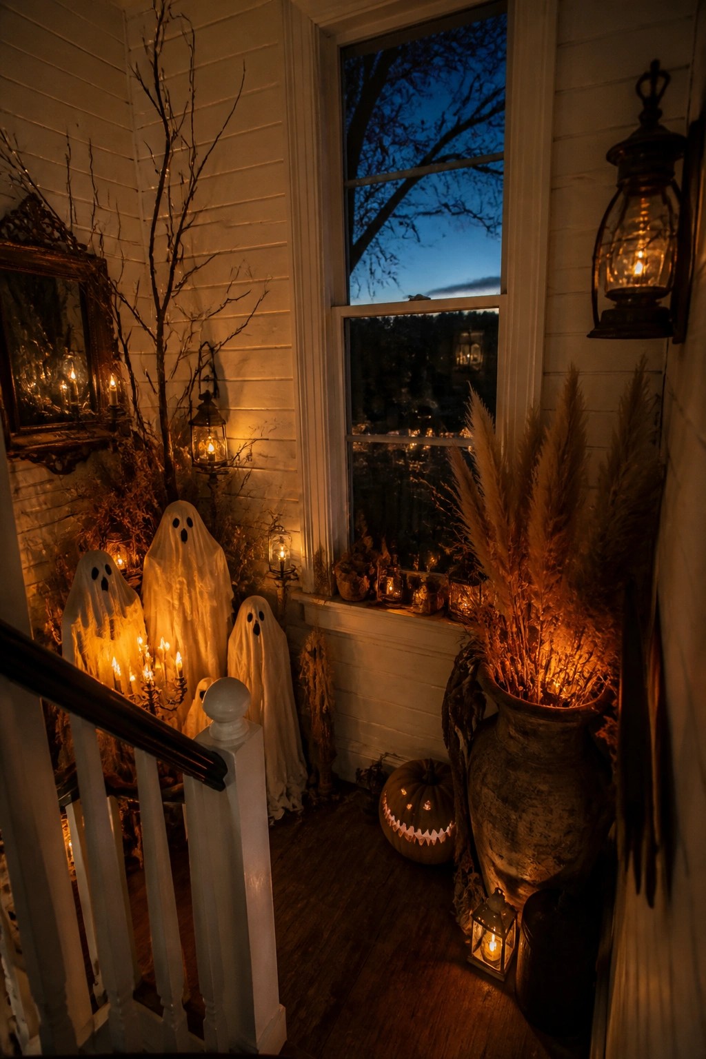 Glowing sheet ghosts, carved pumpkin, and lanterns adorn a twilight Halloween porch with pampas grass.