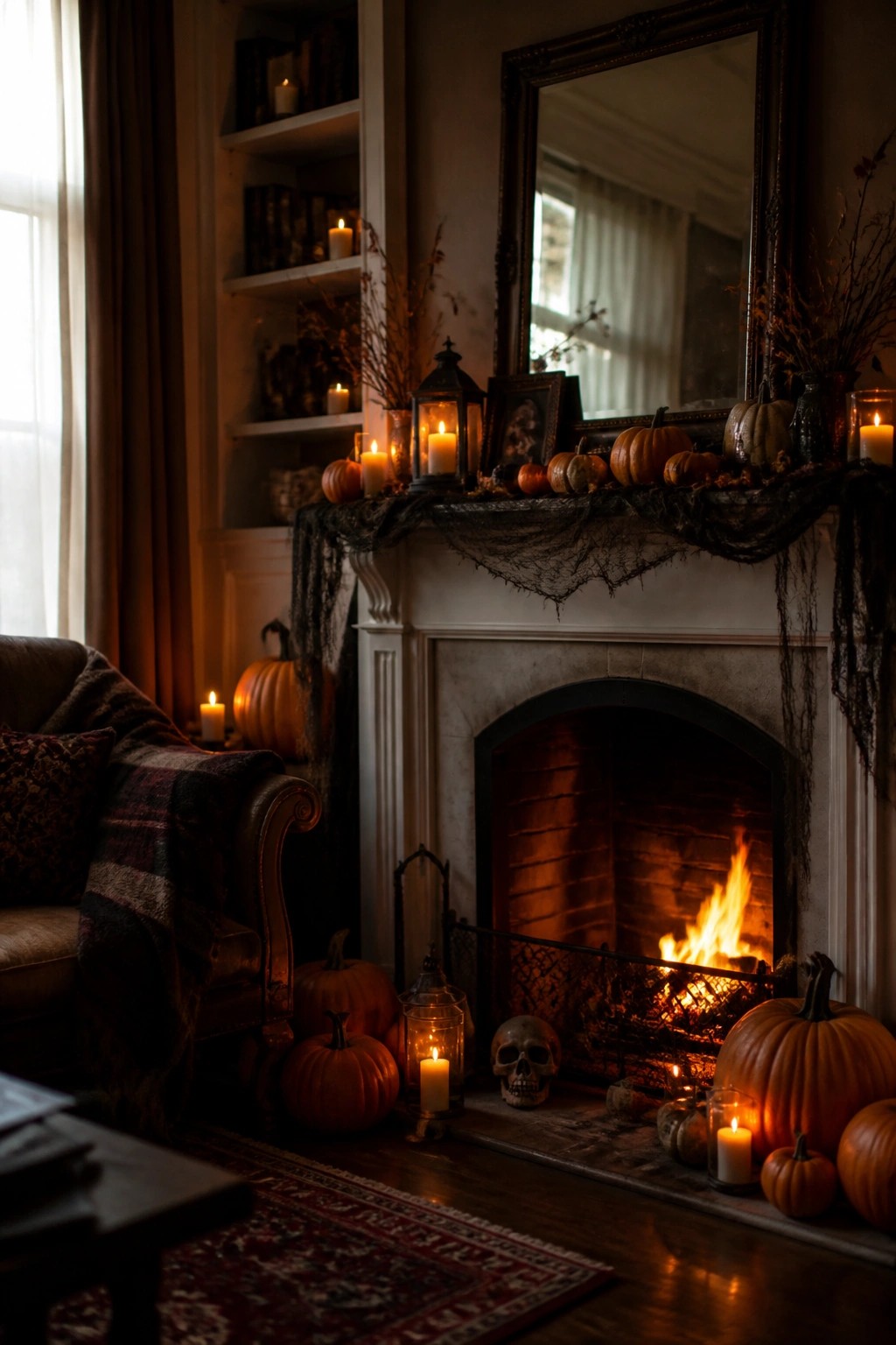 Fireplace mantel styled for Halloween with black spiderweb fabric, pumpkins, lanterns, and candles, plus a skull on the hearth.