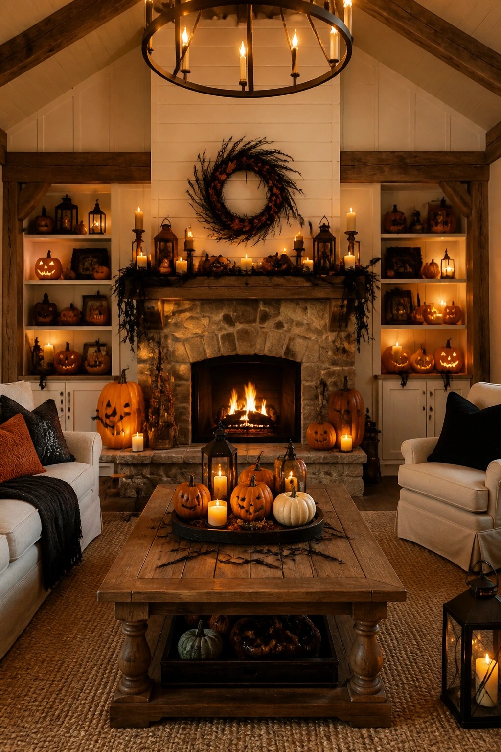 Living room fireplace mantel decorated with carved jack-o'-lanterns, candles, lanterns, and a wreath above the stone hearth.