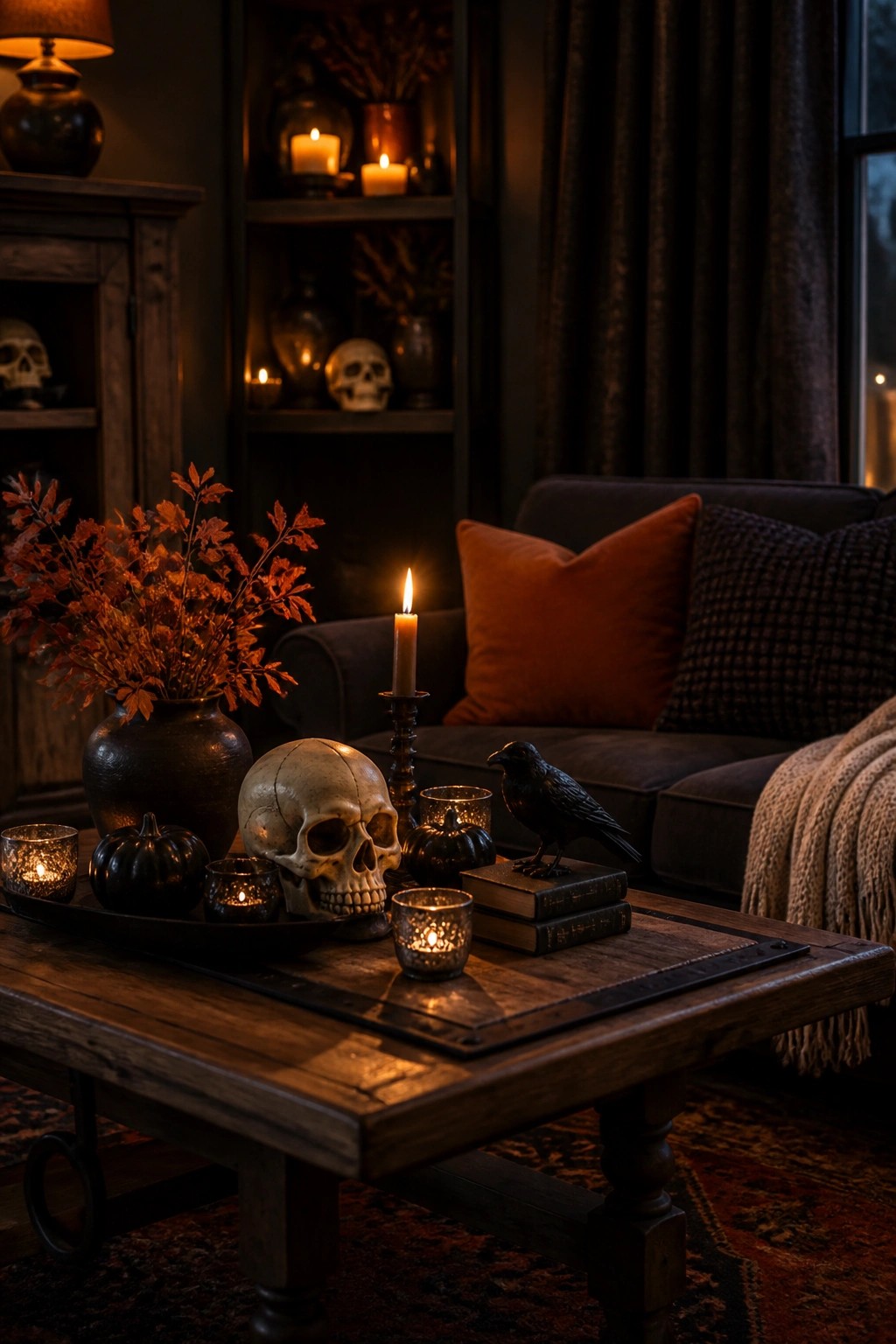 Dark living room with skull, black crow, candles, and autumn leaves on wooden table