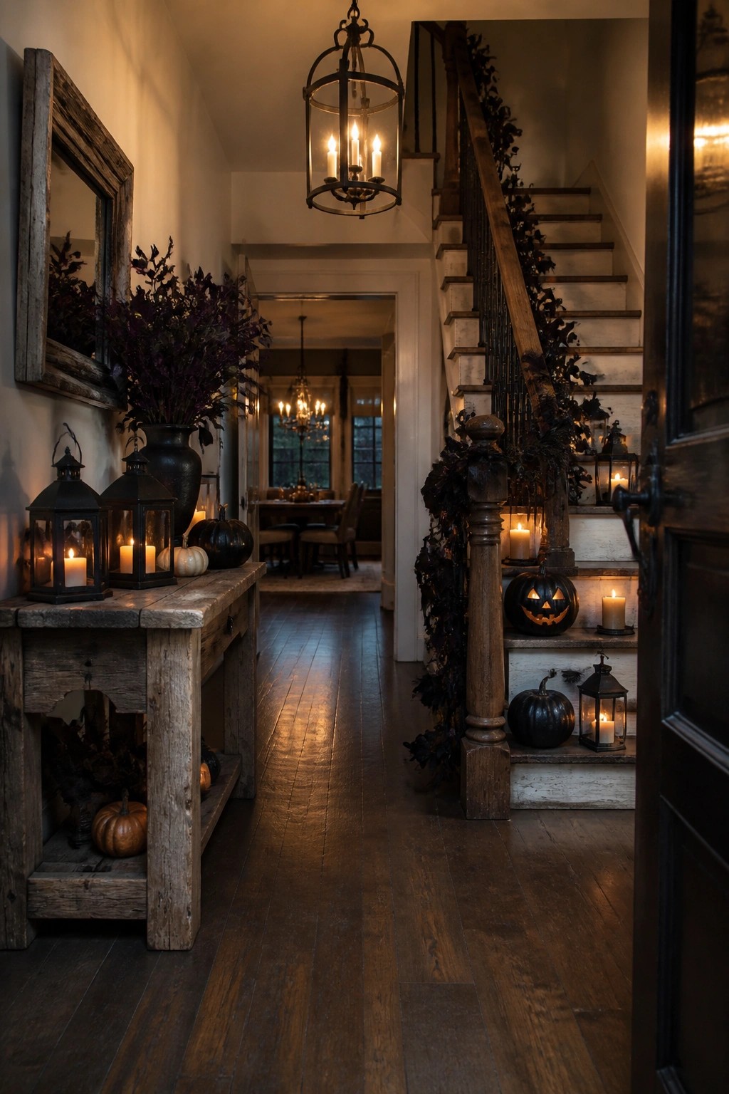 Entryway staircase decorated with carved jack o lanterns, black pumpkins, and lanterns along the steps and railing.