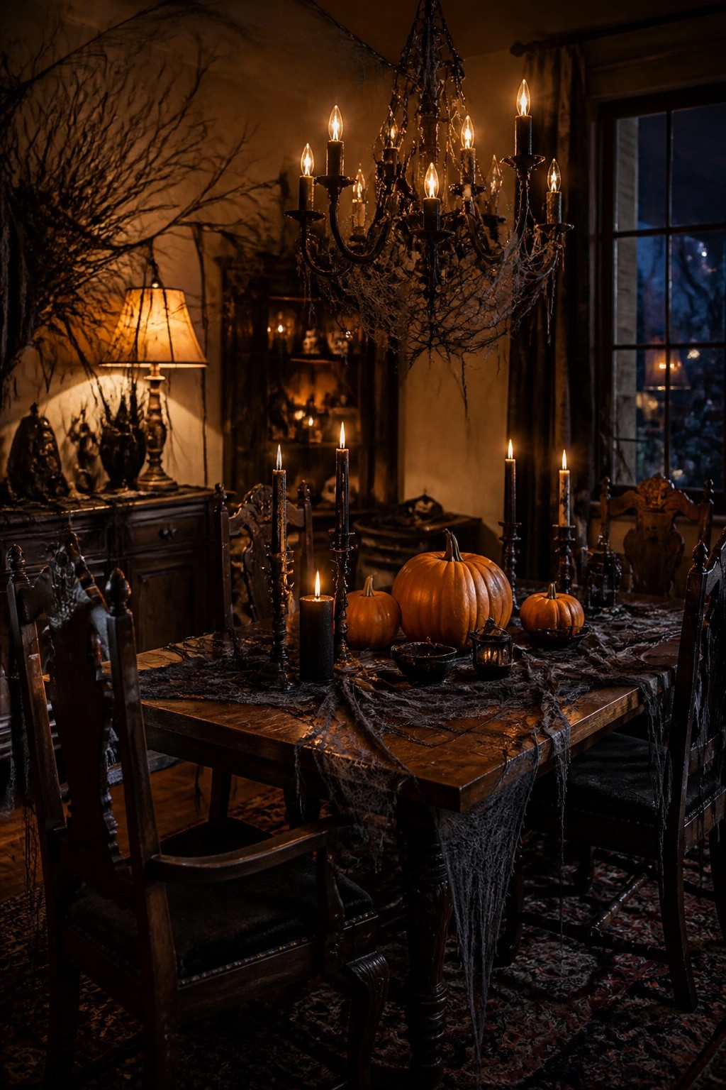 A wooden dining table covered in black spiderwebs with black candles and orange pumpkins arranged down the center.