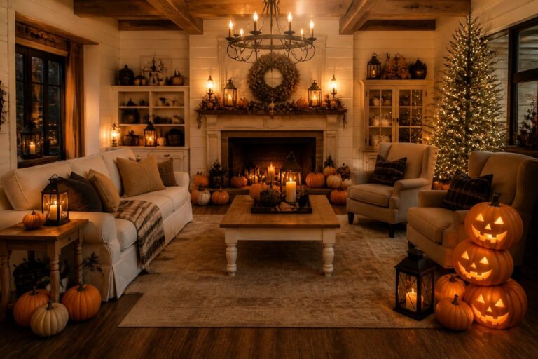 25 Bewitching Halloween Room Decor Ideas for Instant Atmosphere Living room fireplace mantel decorated with carved jack-o'-lanterns, candles, lanterns, and a wreath above the stone hearth.