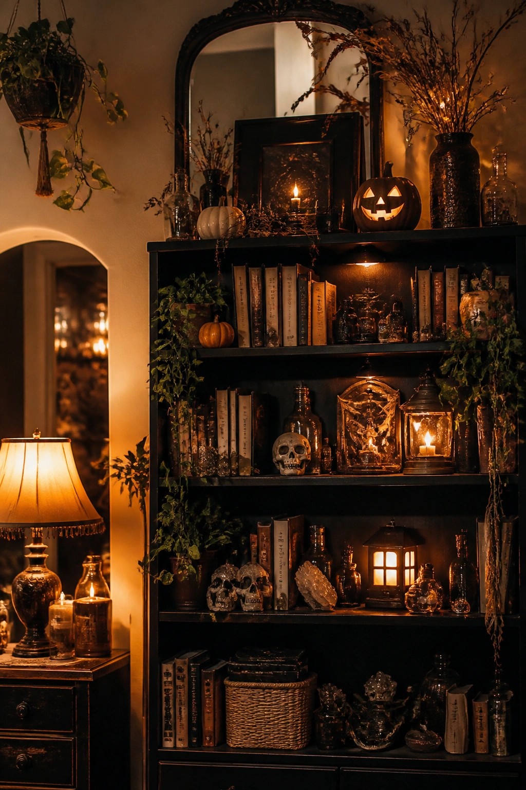 Dark wooden bookshelf styled with multiple skulls, a carved jack-o'-lantern, lit lanterns, candles, and books for Halloween.
