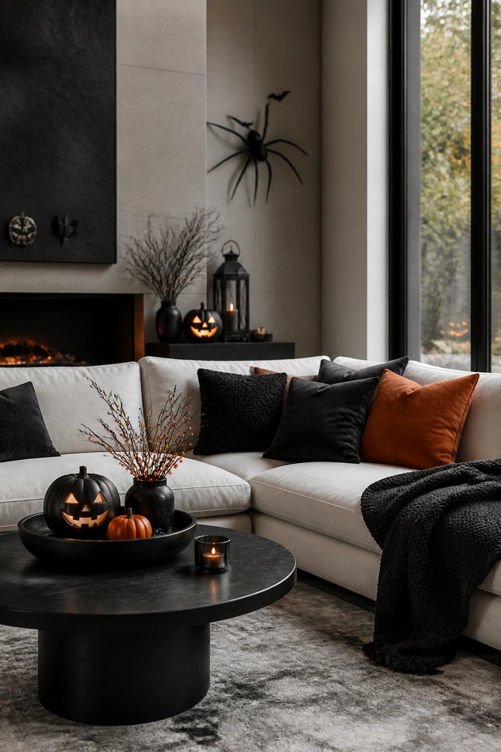 Living room with white sectional sofa, black coffee table holding a tray of carved jack o lanterns, large black spider decoration on the wall, and bats above the sofa.
