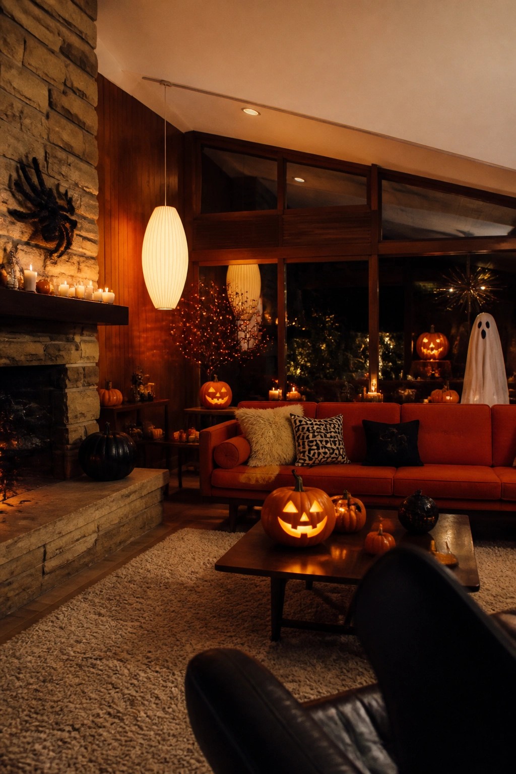 Living room with several carved and lit jack-o'-lanterns arranged on a wooden coffee table and nearby surfaces in front of a red sofa.