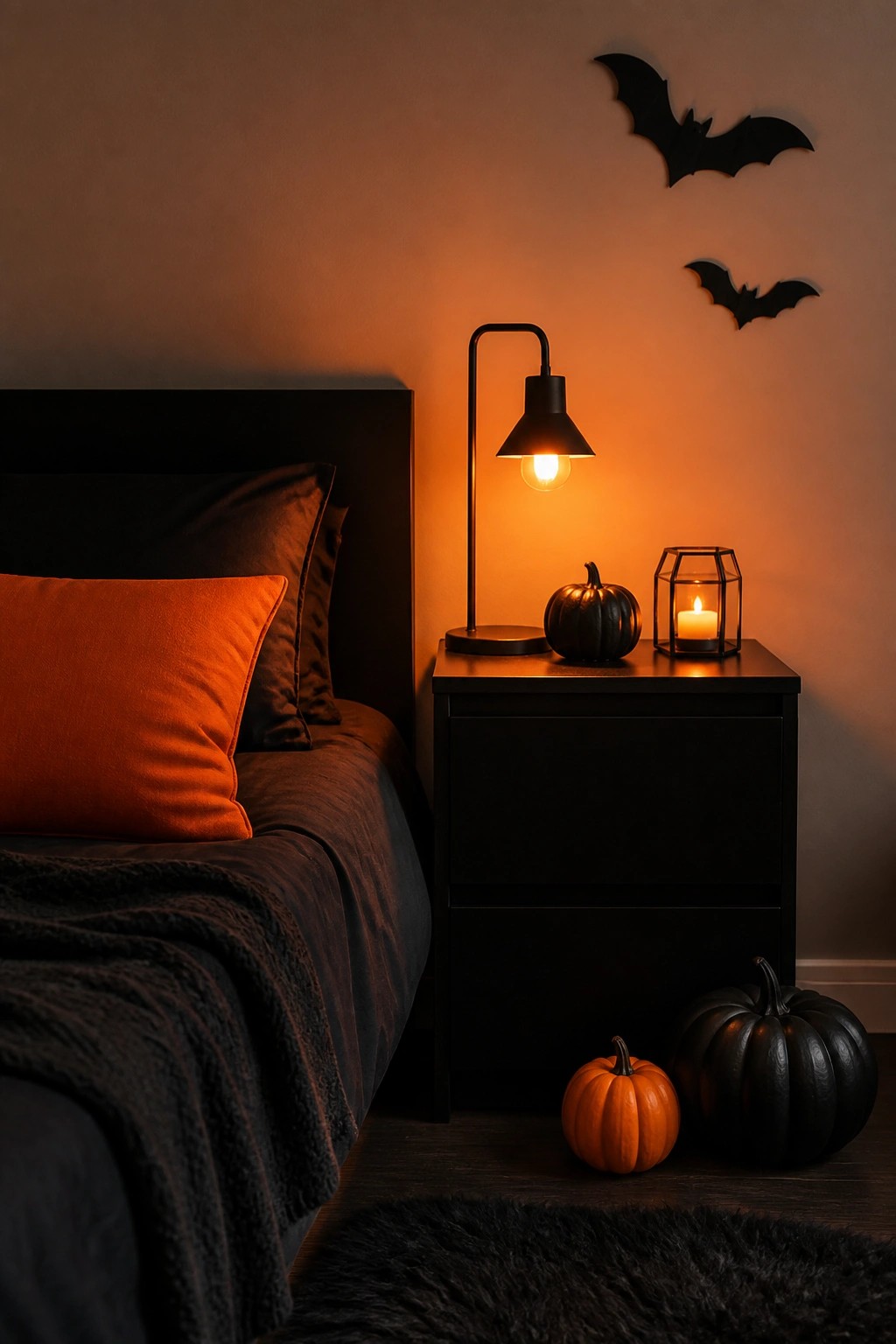 Bedroom nightstand area with black lamp, small black pumpkin, candle lantern, and black bat decorations on the wall above.
