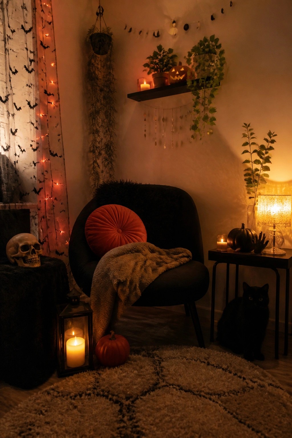 Living room corner with bat garland on a window curtain, black armchair, carved pumpkins, skull, and black cat.