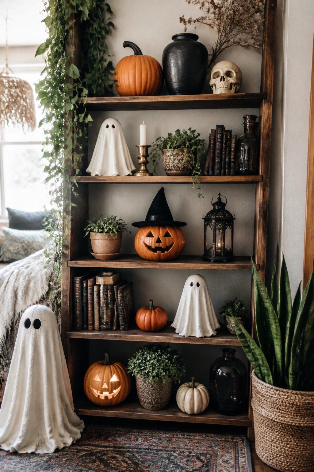 Wooden bookshelf decorated with white fabric ghosts, carved jack-o'-lanterns, a skull, and a witch hat for Halloween.