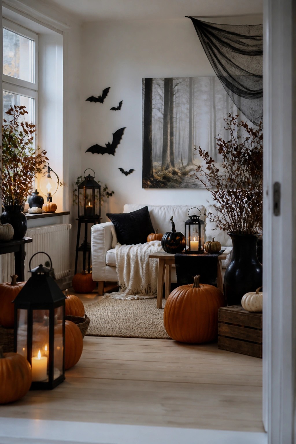 Living room with black paper bats arranged on a white wall above a white sofa, surrounded by carved jack-o'-lanterns and black lanterns.