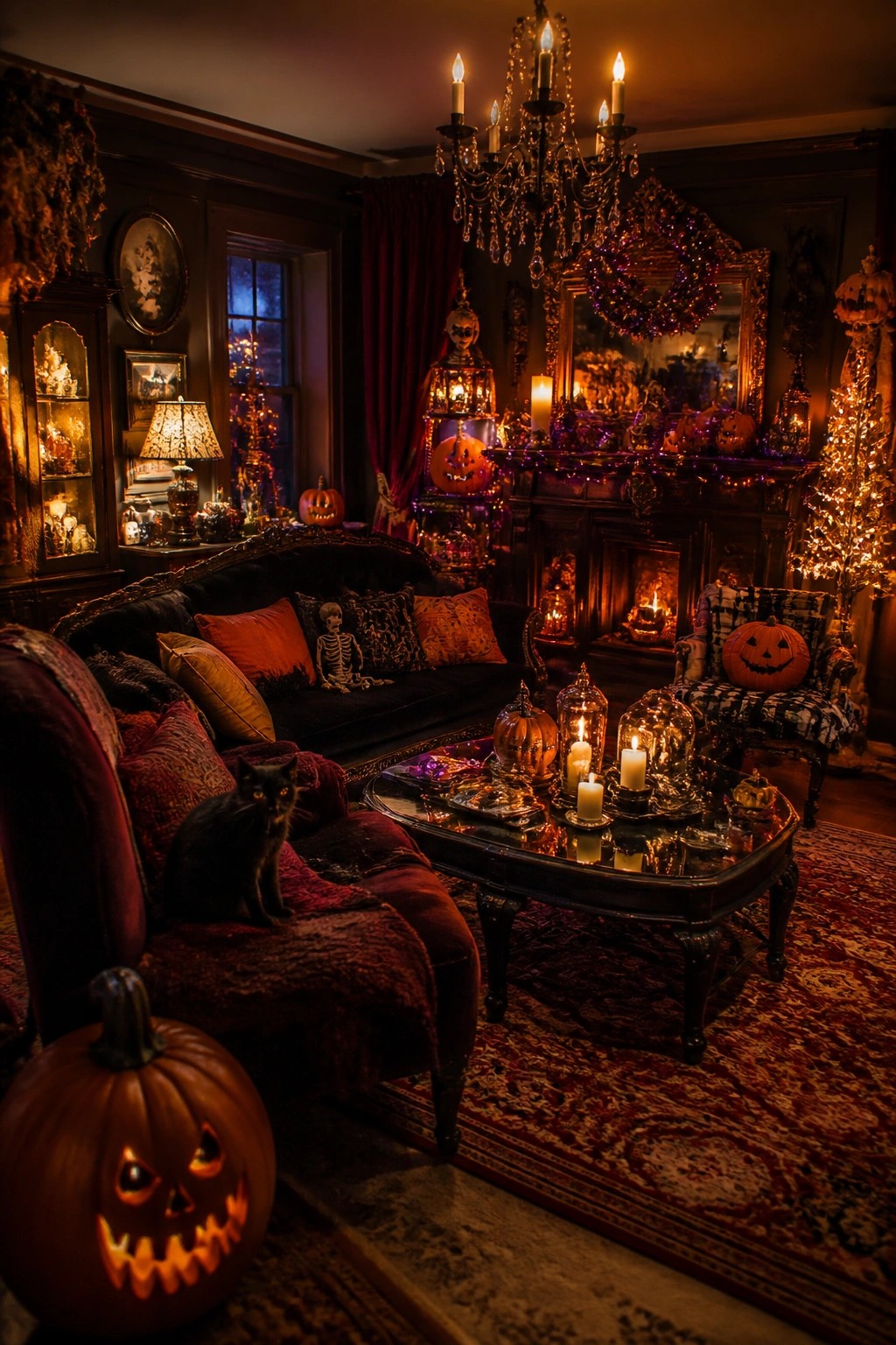Elegant Halloween living room with black cat, pumpkins, candles, and ornate chandelier.