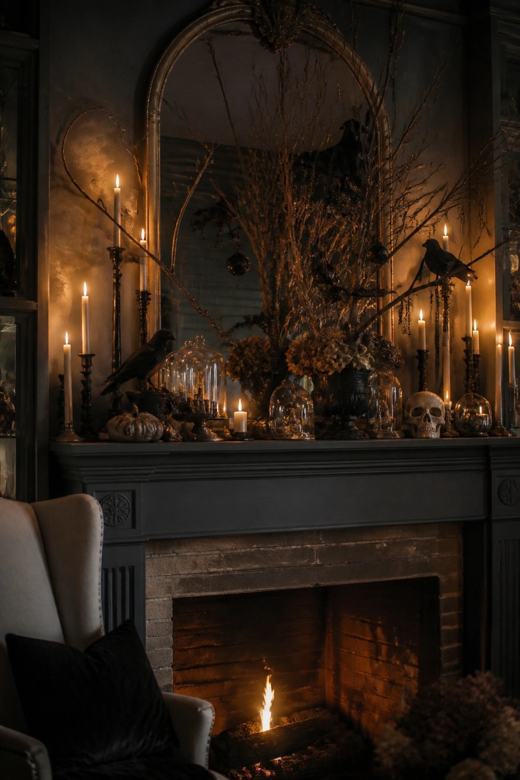 A dark gray fireplace mantel decorated for Halloween with a large arrangement of bare branches, black crows, a skull, candles, and glass cloches.