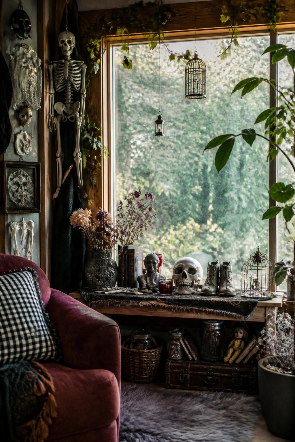 Living room corner with a full skeleton hanging beside a large window and multiple skulls arranged on the windowsill table.