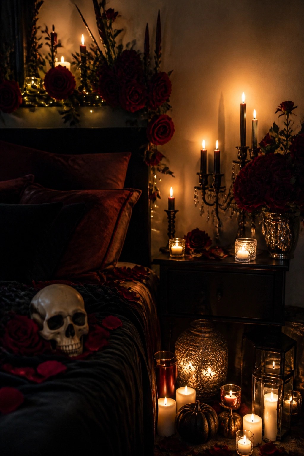 A white skull rests on dark bedding surrounded by red rose petals, with multiple lit candles and black candelabras visible in a dimly lit bedroom.