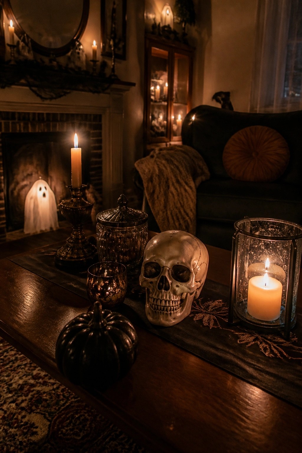 Coffee table with a skull centerpiece, lit candles in glass and metal holders, and a small black pumpkin on a dark runner.