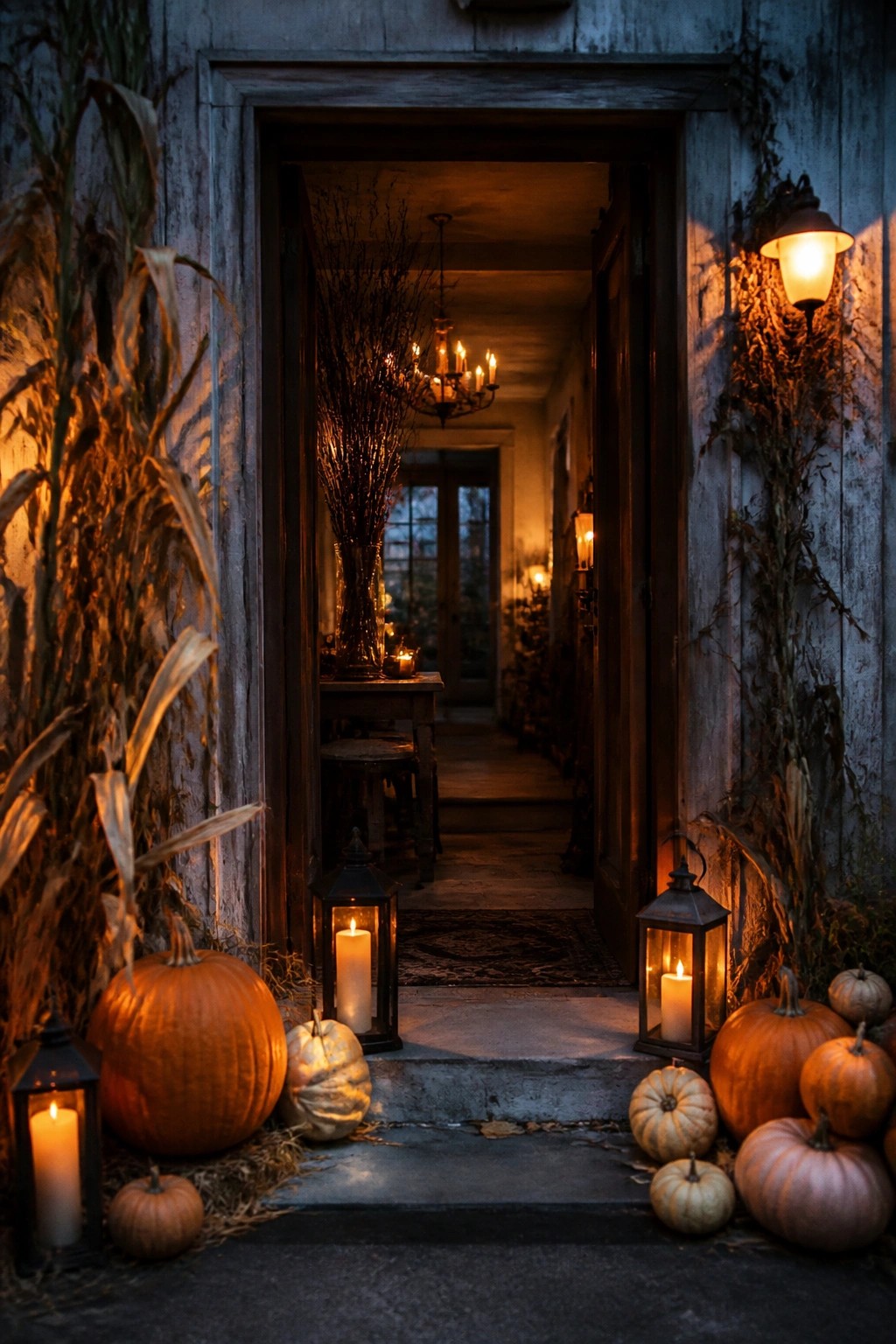 Entryway with tall black branches in a vase on a table, surrounded by glowing lanterns and pumpkins at the open doorway.