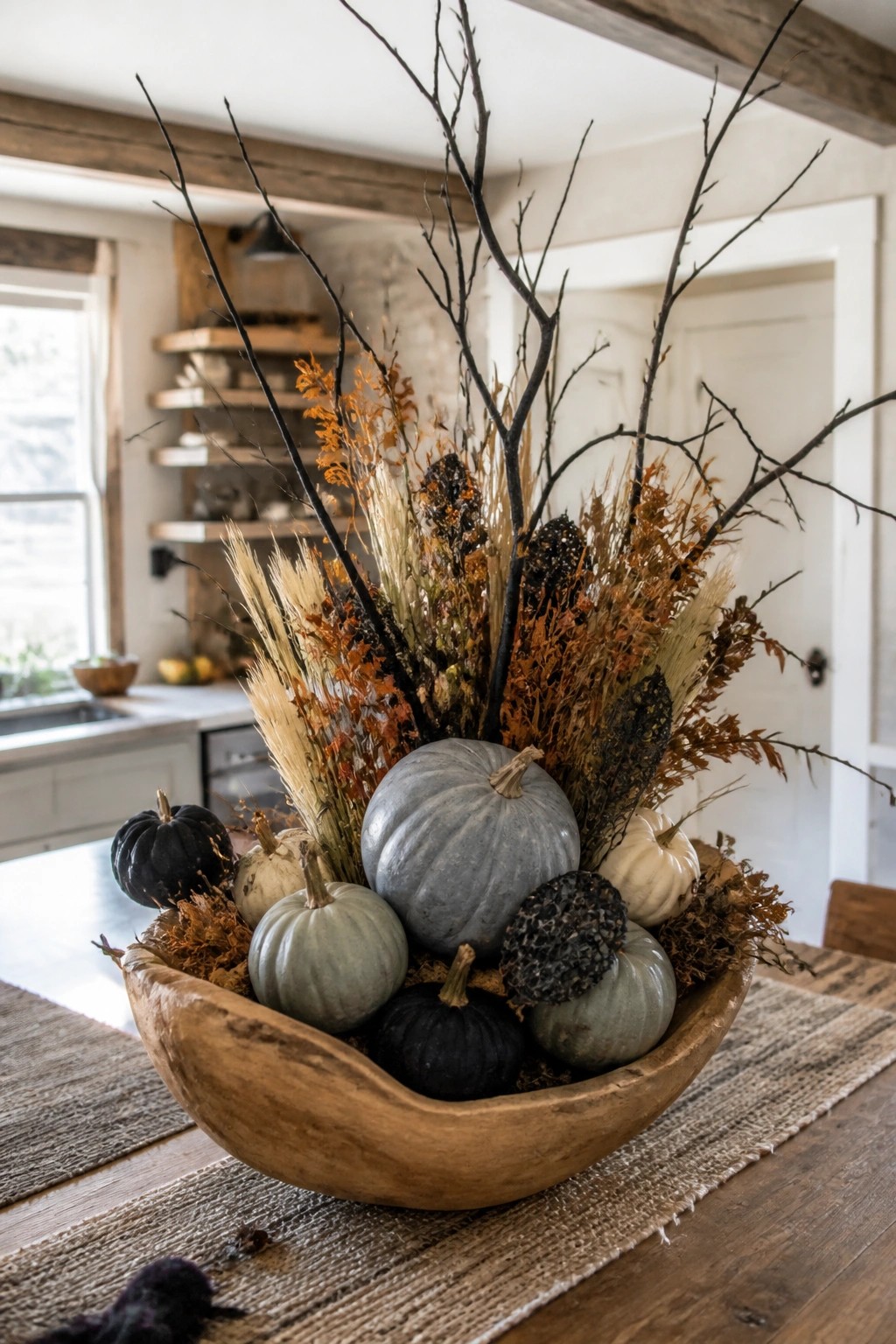 Wooden bowl centerpiece with gray, black, and white pumpkins amid dried autumn branches