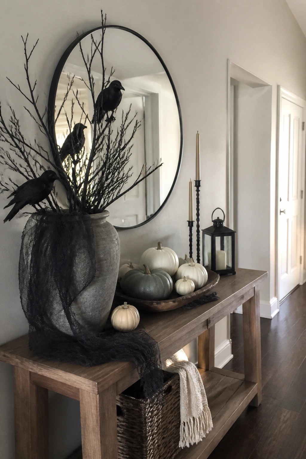 Rustic wood console table with black crows, white pumpkins, round mirror, and lanterns.