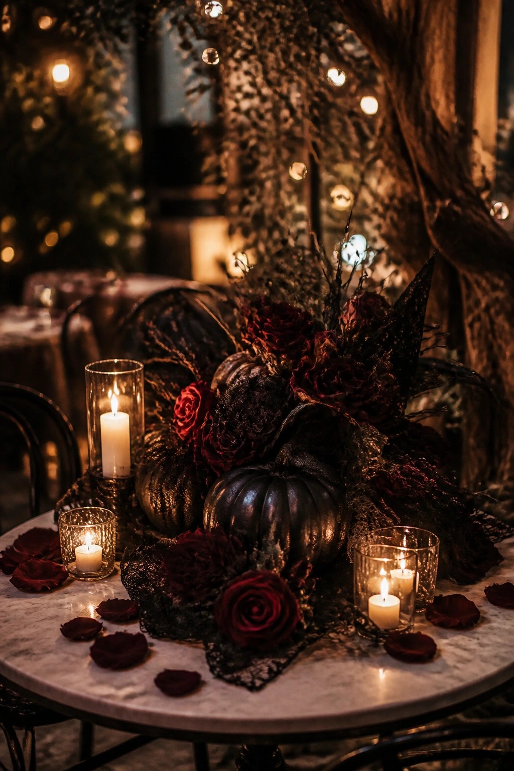 Dark pumpkins, red roses, and glowing candles on marble table with black lace