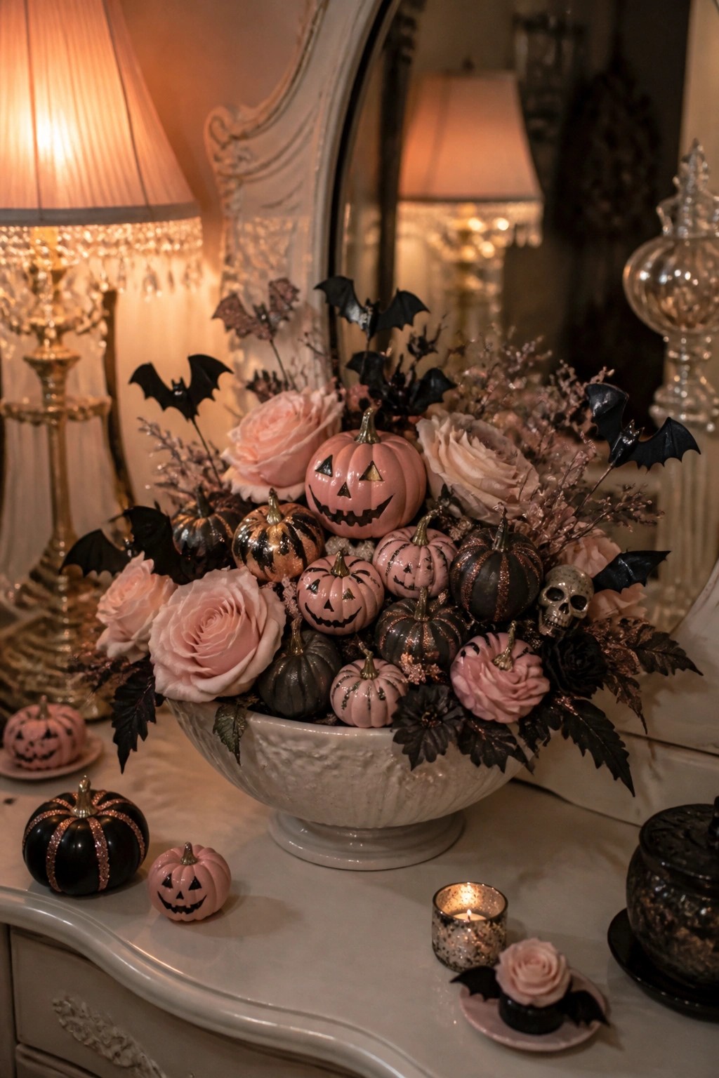 A white decorative bowl filled with pink and black jack o lanterns, black bats, and roses sits on a vanity table as a Halloween centerpiece.