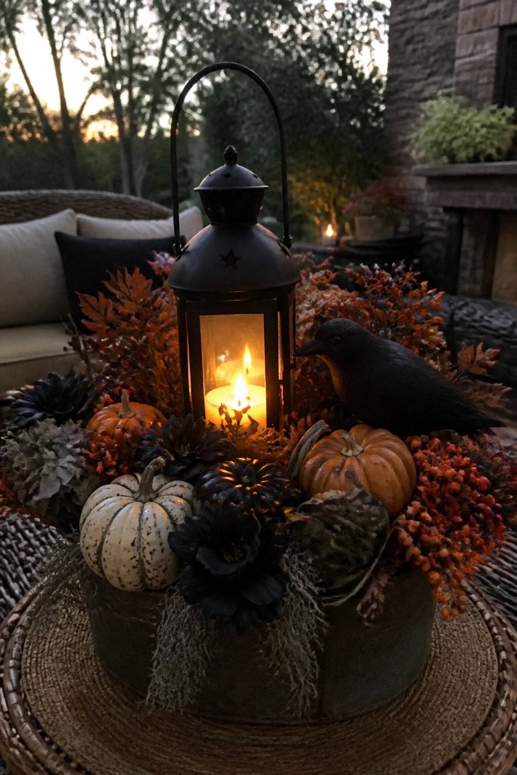 Outdoor tabletop centerpiece featuring a lit black lantern, black crow figurine, small pumpkins, and dark flowers arranged in a metal container on a woven surface.