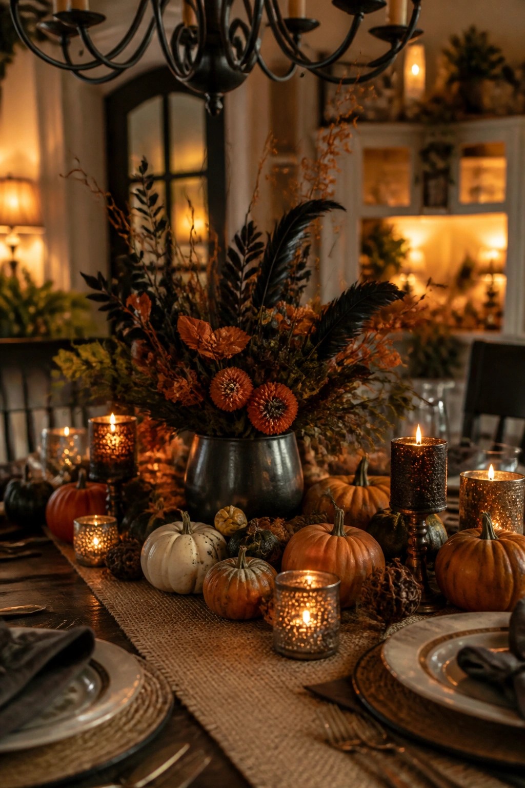 Dining table with a dark branch and feather centerpiece in a metal vase, surrounded by small pumpkins and lit candles on a burlap runner.
