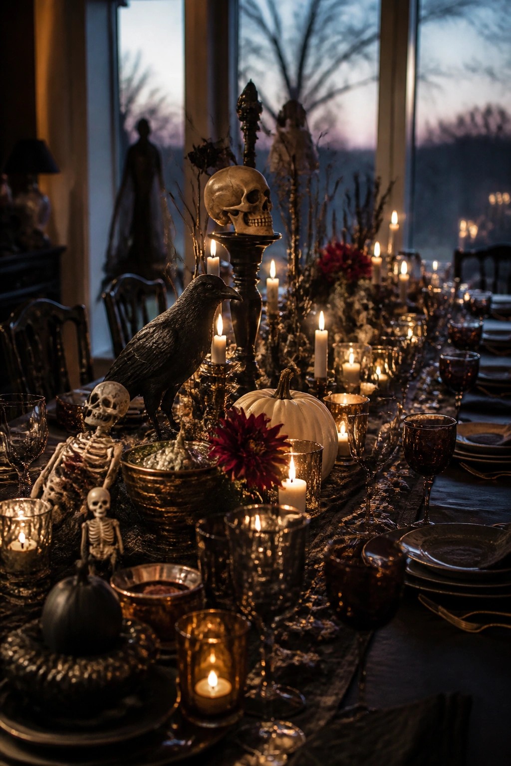 A long dining table set with skeletons, skulls, a black crow figure, white pumpkins, dark glassware, and many lit candles as a Halloween centerpiece.