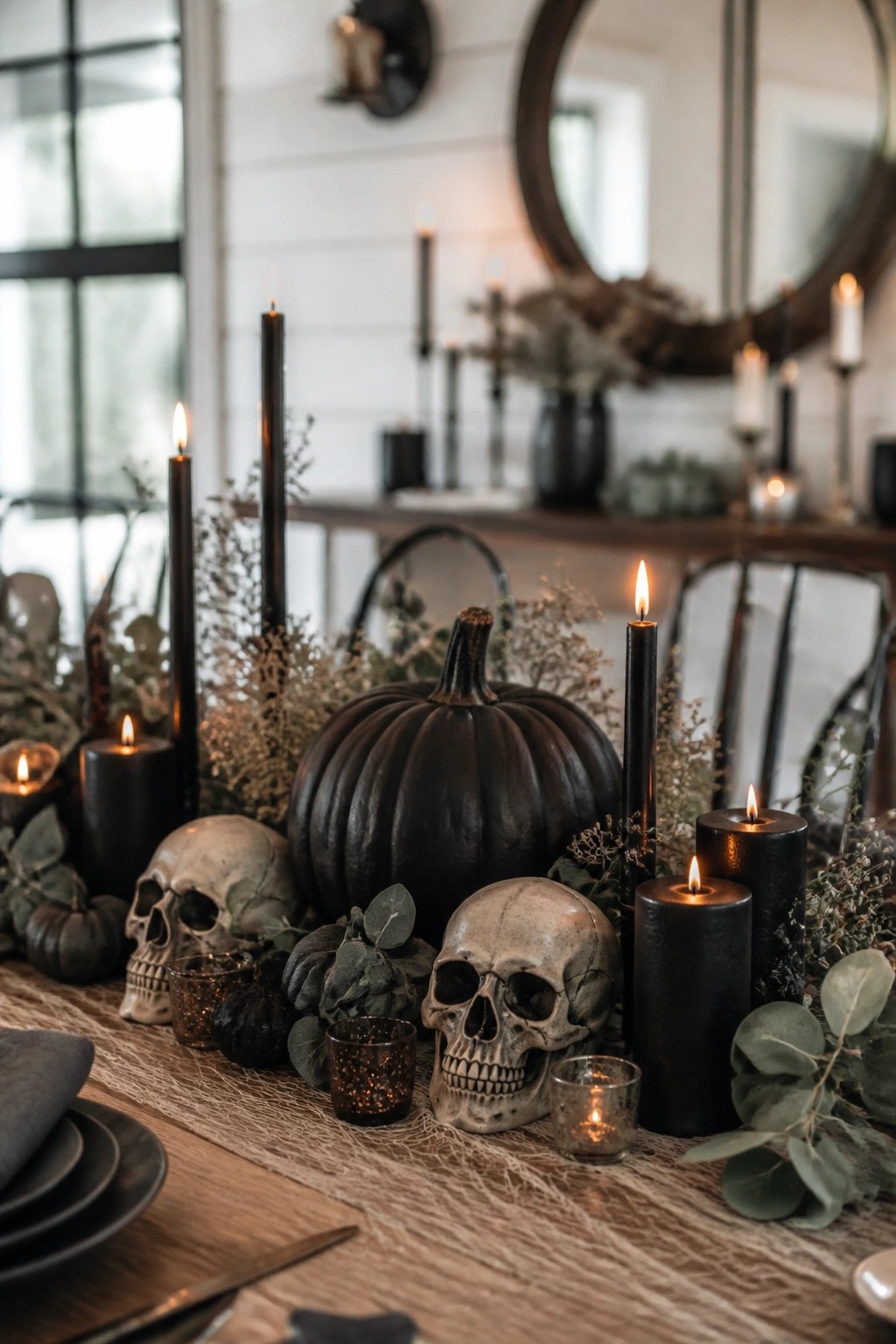 A dining table set with skulls, black candles, and a black pumpkin arranged as a Halloween centerpiece on a spiderweb runner.