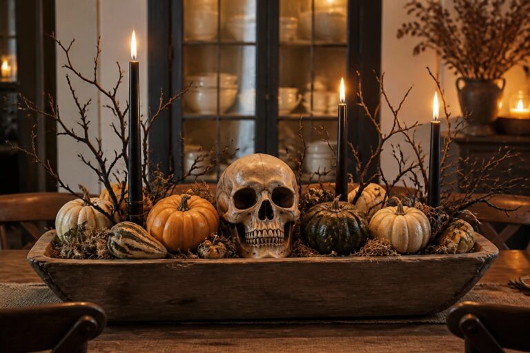 25 Captivating Halloween Centerpiece Concepts for Any Occasion Dining table with a dark branch and feather centerpiece in a metal vase, surrounded by small pumpkins and lit candles on a burlap runner.