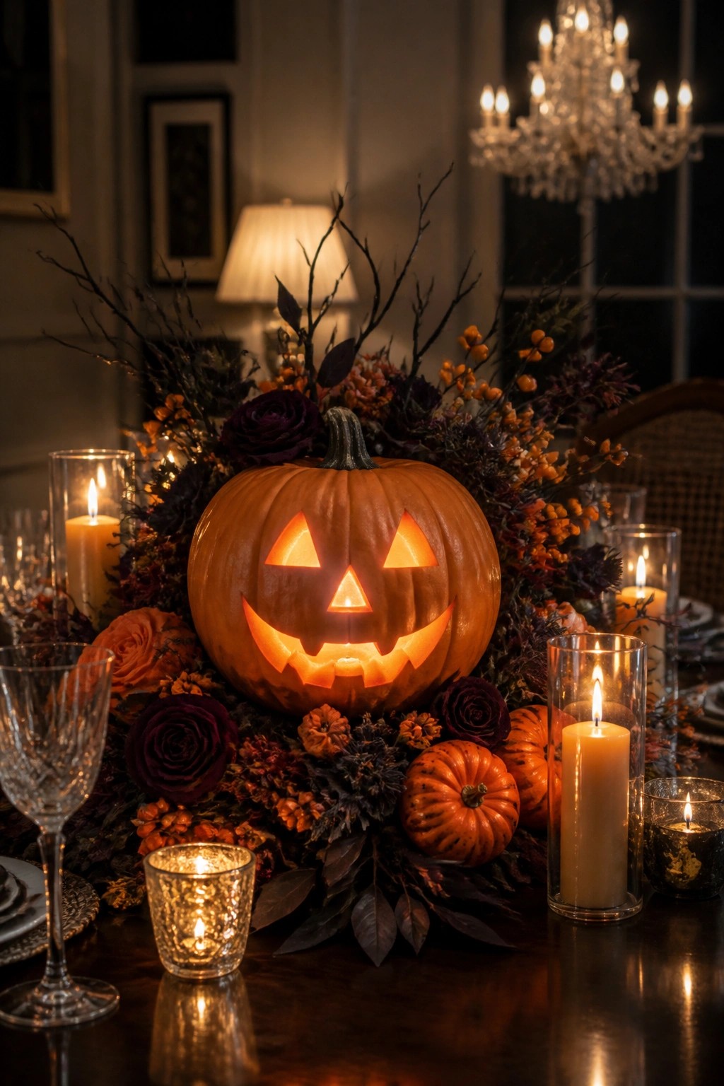 A carved and lit jack o lantern centerpiece on a dark dining table with surrounding candles, small pumpkins, and dark floral arrangements.