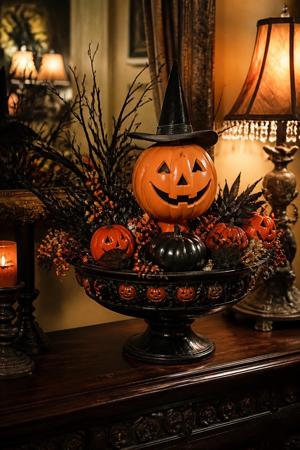 A large carved pumpkin with a witch hat sits in a black ornate bowl surrounded by smaller jack o lanterns and dark branches on a wooden console.