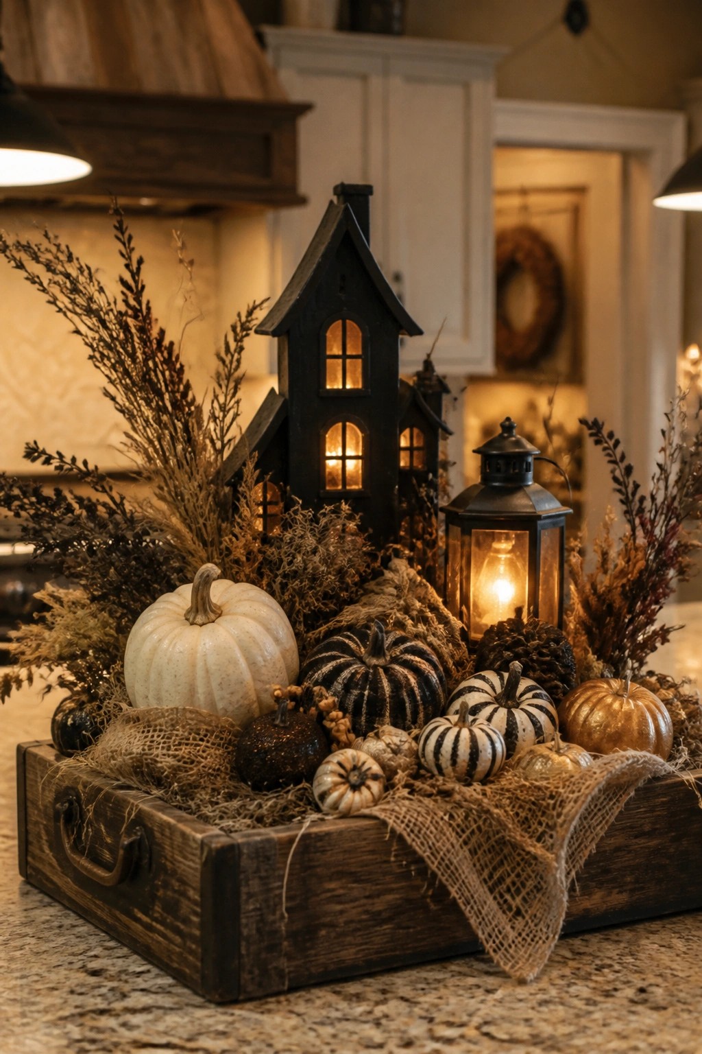 Wooden tray on a kitchen counter displaying a black haunted house, lit lantern, and assorted pumpkins with dried foliage.