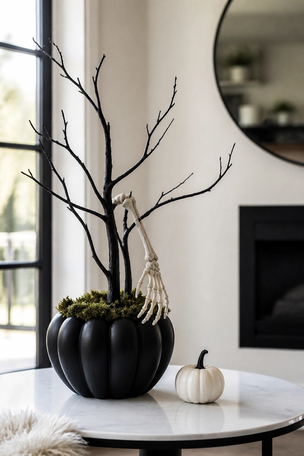 A black pumpkin filled with black branches and a white skeleton hand reaching upward, set on a marble table next to a small white pumpkin.