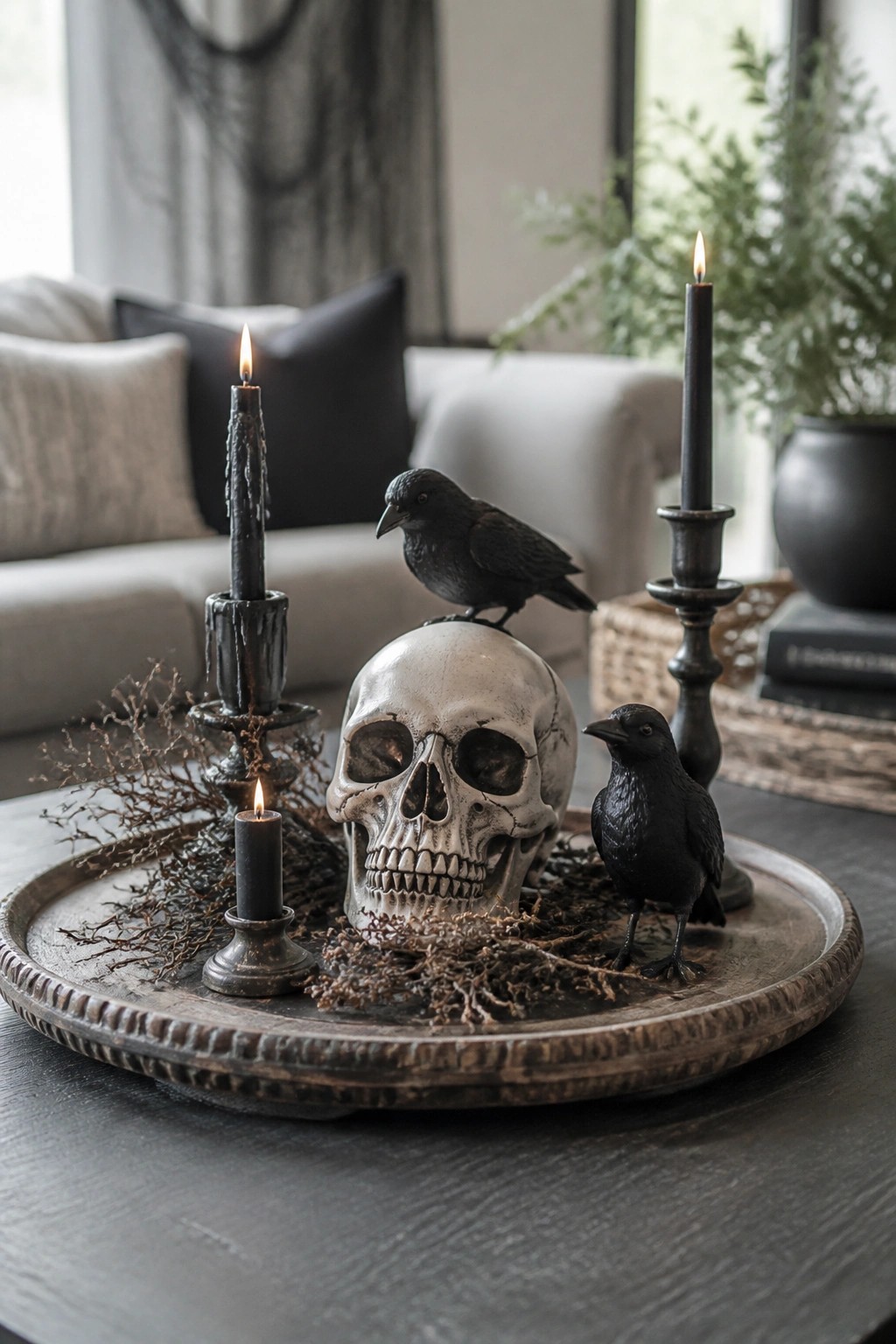 Skull with black crows, lit candles, and dried twigs on round metal tray
