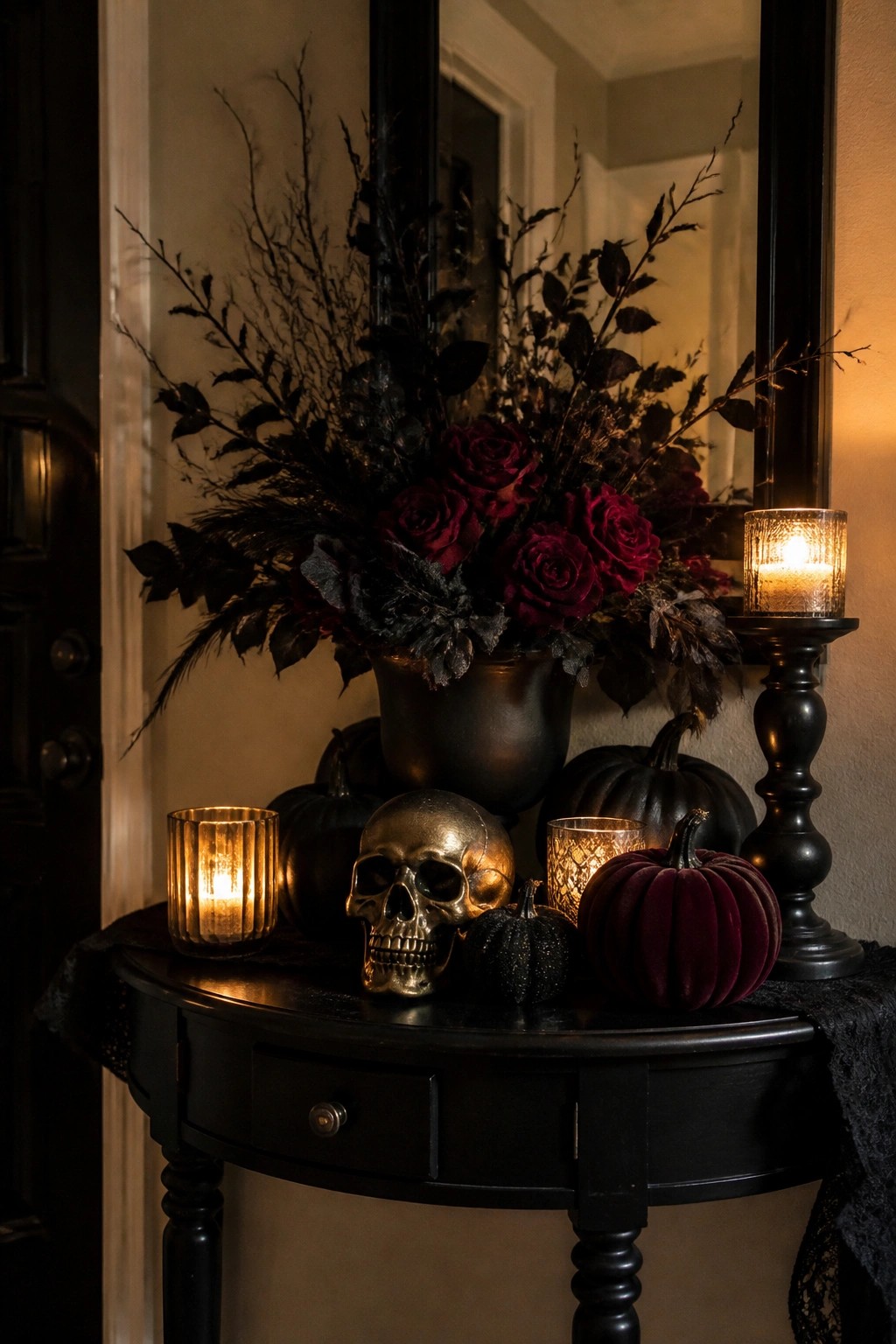 Gothic table display with golden skull, velvet pumpkins, red roses, and glowing candles