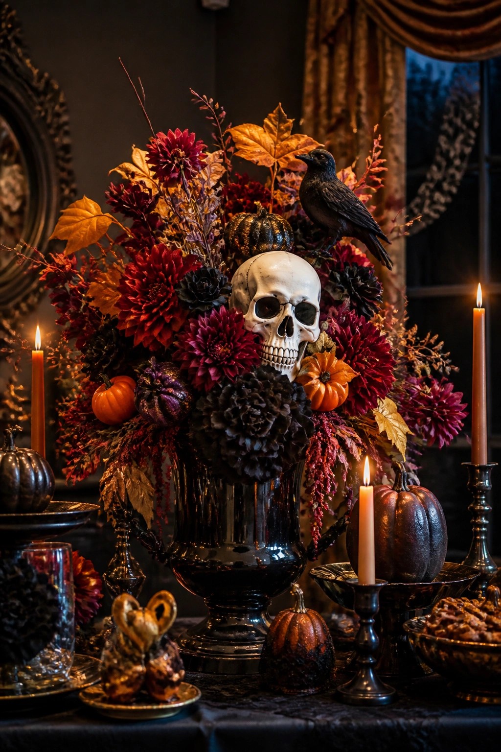 A dark table centerpiece featuring a white skull in a large vase of deep red and black flowers with a black crow perched on top and small pumpkins beside lit candles.