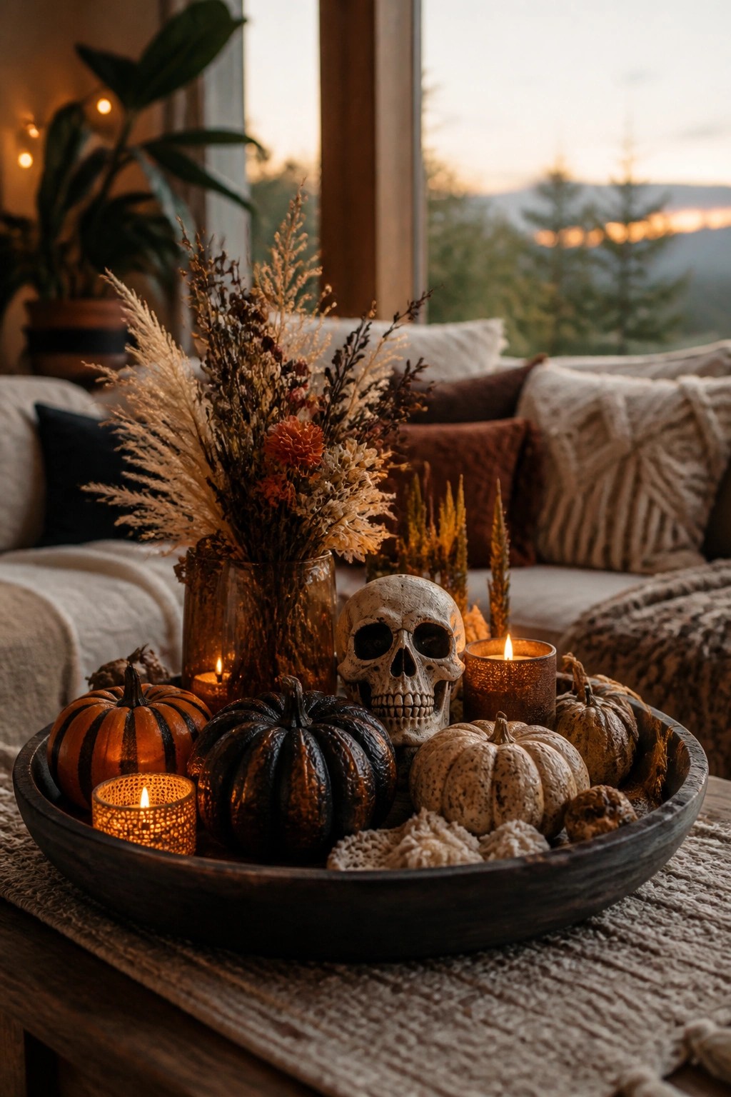 Wooden tray holding a white skull, striped and speckled pumpkins, and lit candles arranged on a living room table.