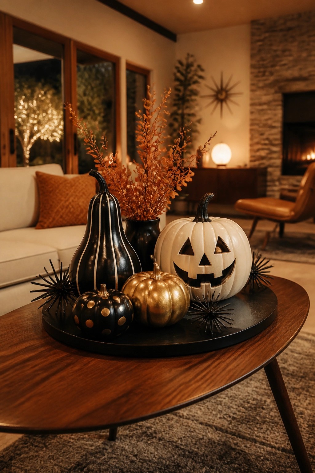 Wooden coffee table holding a black tray with a white carved jack o lantern, black and gold painted pumpkins, and orange foliage.