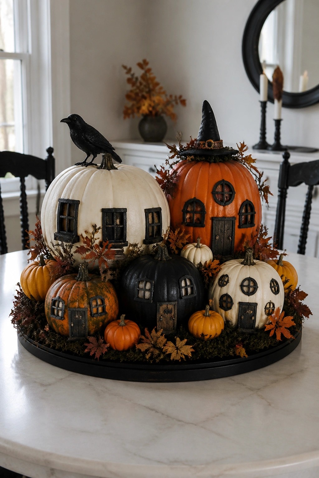 Pumpkin houses in white, orange, black with crow, witch hat, autumn leaves
