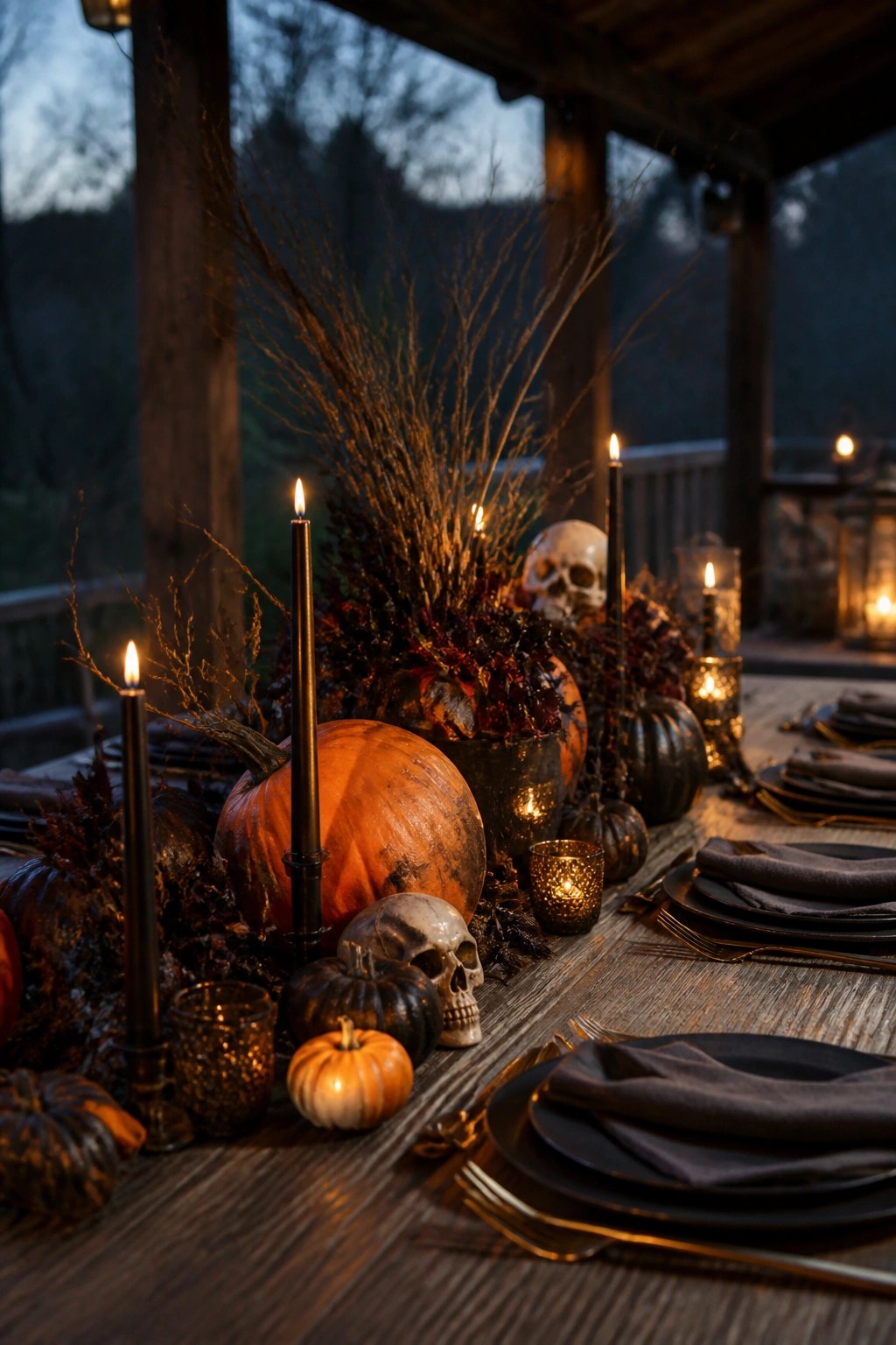 Rustic wooden table with pumpkins, skulls, dried branches, and lit black candles.