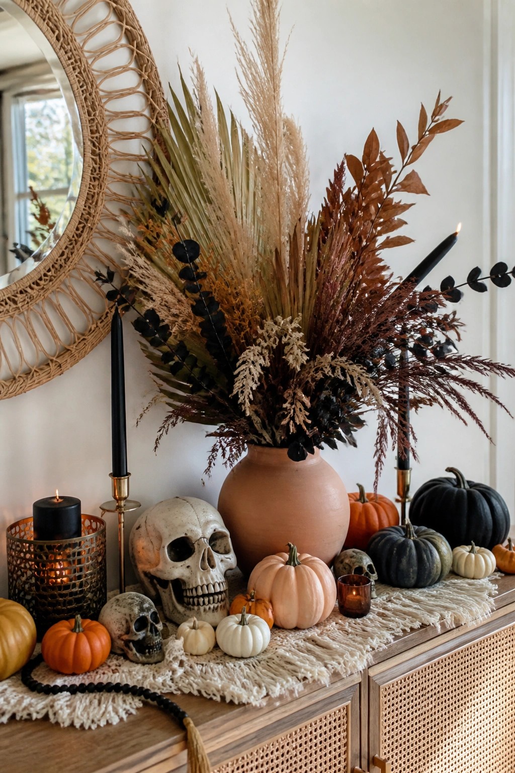 Console table styled with multiple skulls, black taper candles, small pumpkins, and a large dried grass arrangement in a terracotta vase.